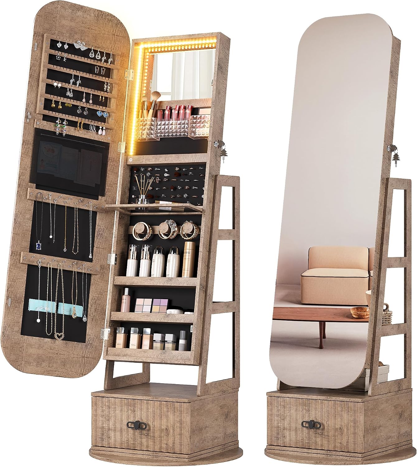 Full Length Mirror Jewelry Armoire - خزانة مجوهرات دوارة 360 درجة مع