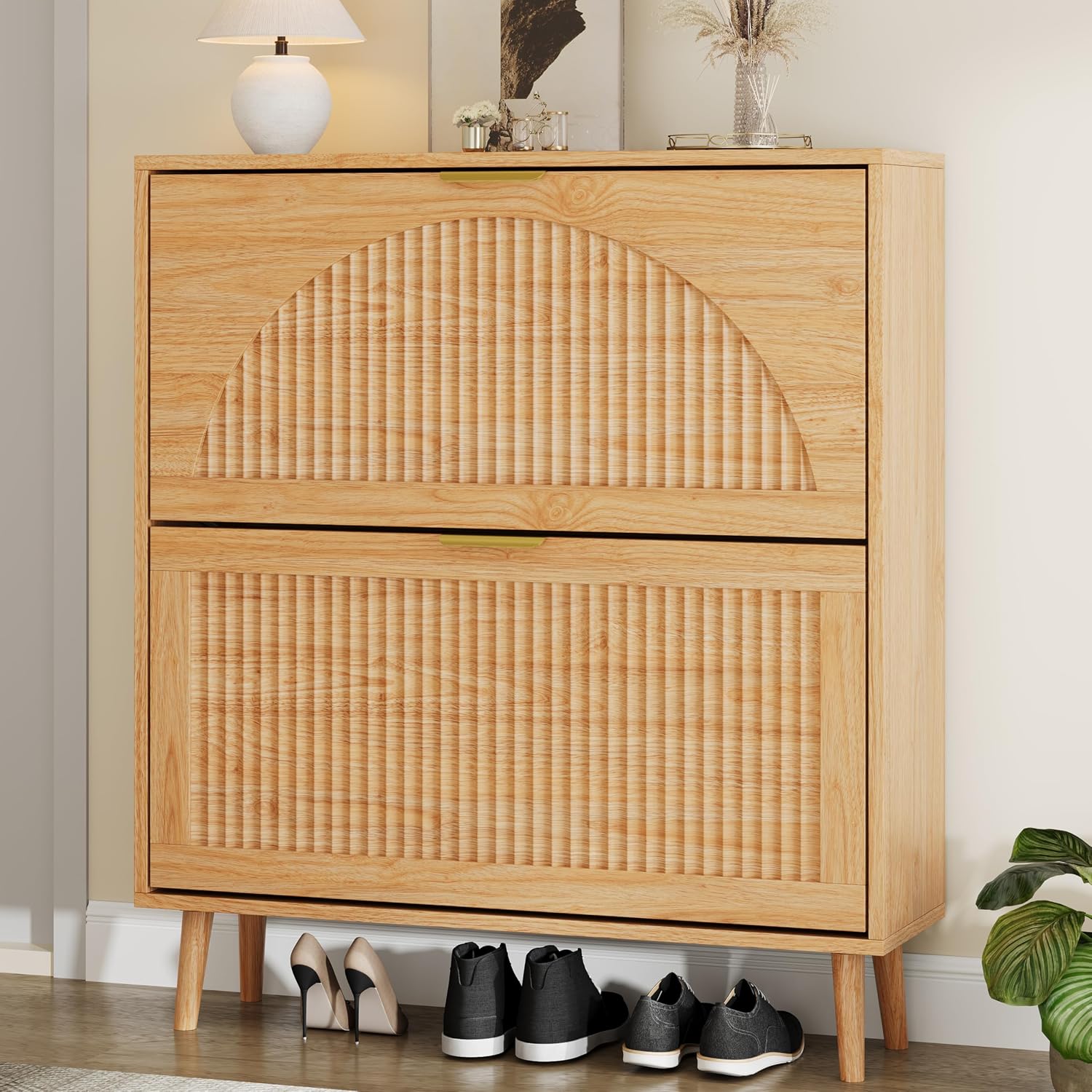 Shoe Rack Cabinet Narrow Entryway - خزانة أحذية خشبية بـ 2 درج